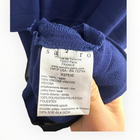 $375 Sandro Paris SILK Remy Marine Blue black Mini sleeveless Dress Size 2 / Med - Picture 7 of 7